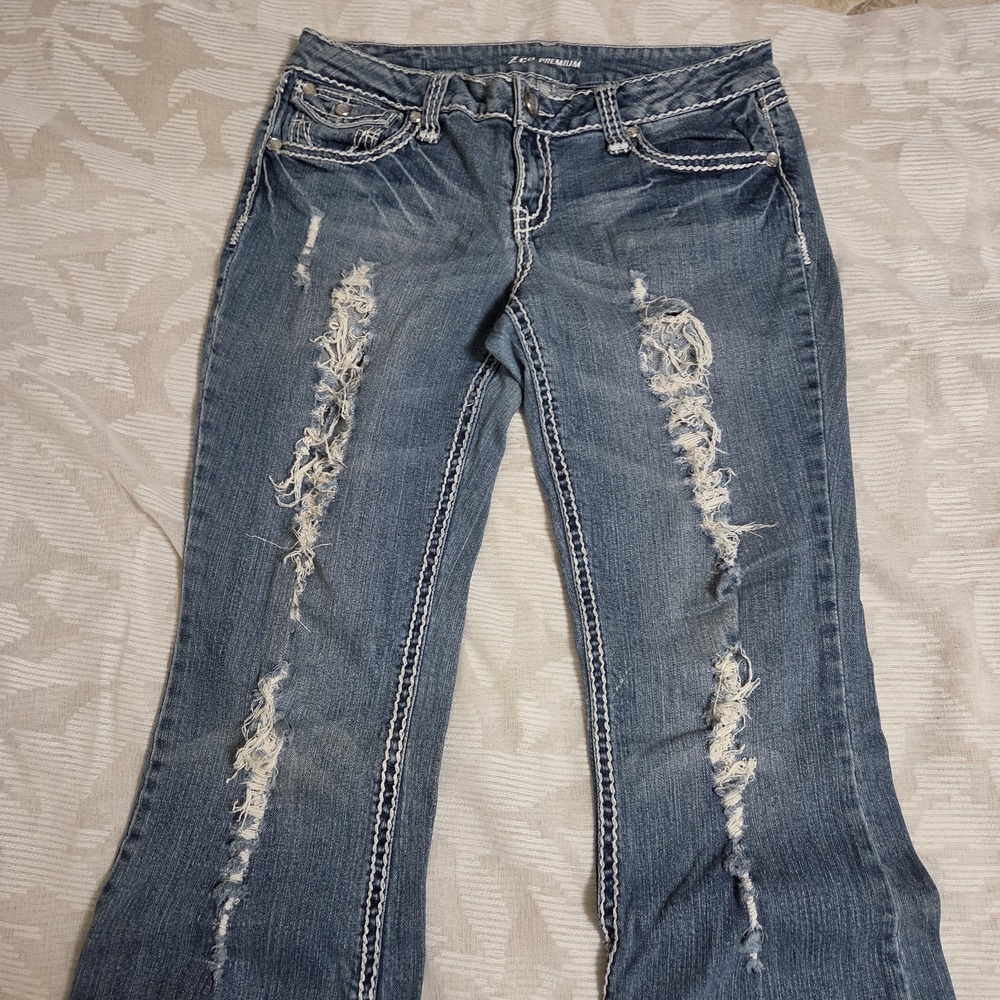 Z Co Premium 7 Women's Bootcut Flared Jeans Distressed Rhinestones Low Rise Y2K
